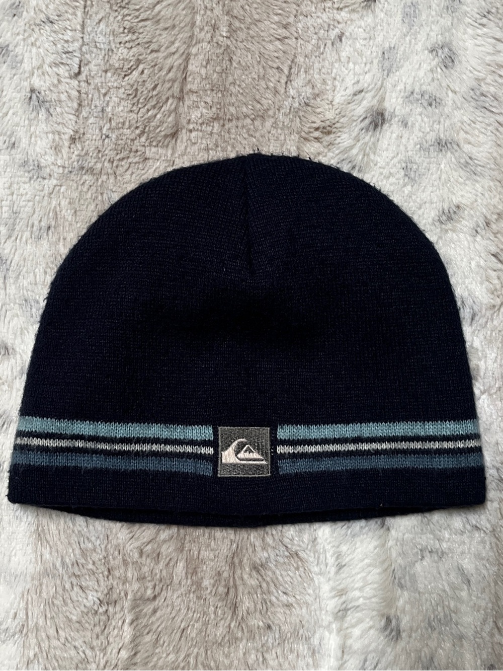 Quiksilver Navy Blue Beanie with Gray Stripe Accents